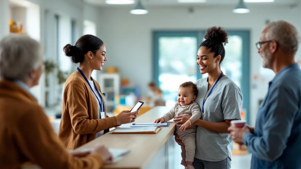 Childcare staff welcoming a family during check-in